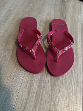 Coach Hot Pink Jelly Flip Flop Sandals with Gold Signature Studs